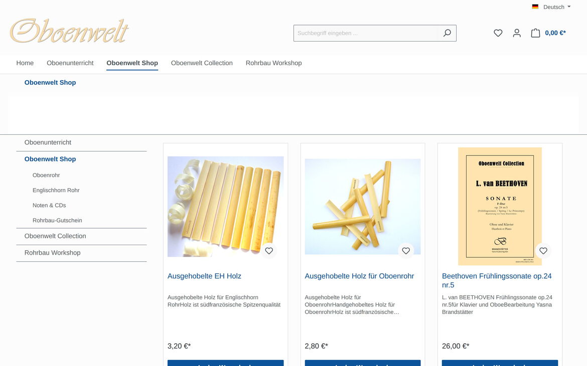 Webdesign-Referenz oboenwelt.de – Shop
